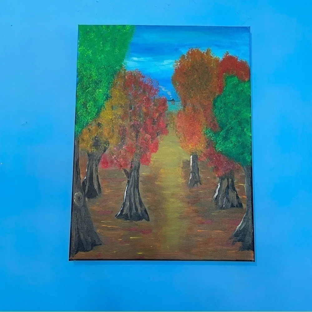 Original acrylic painting of a tree-lined path through the woods to a log cabin